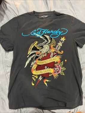 Ed Hardy Black Tee with Turquoise Script and Colorful Tattoo Graphic